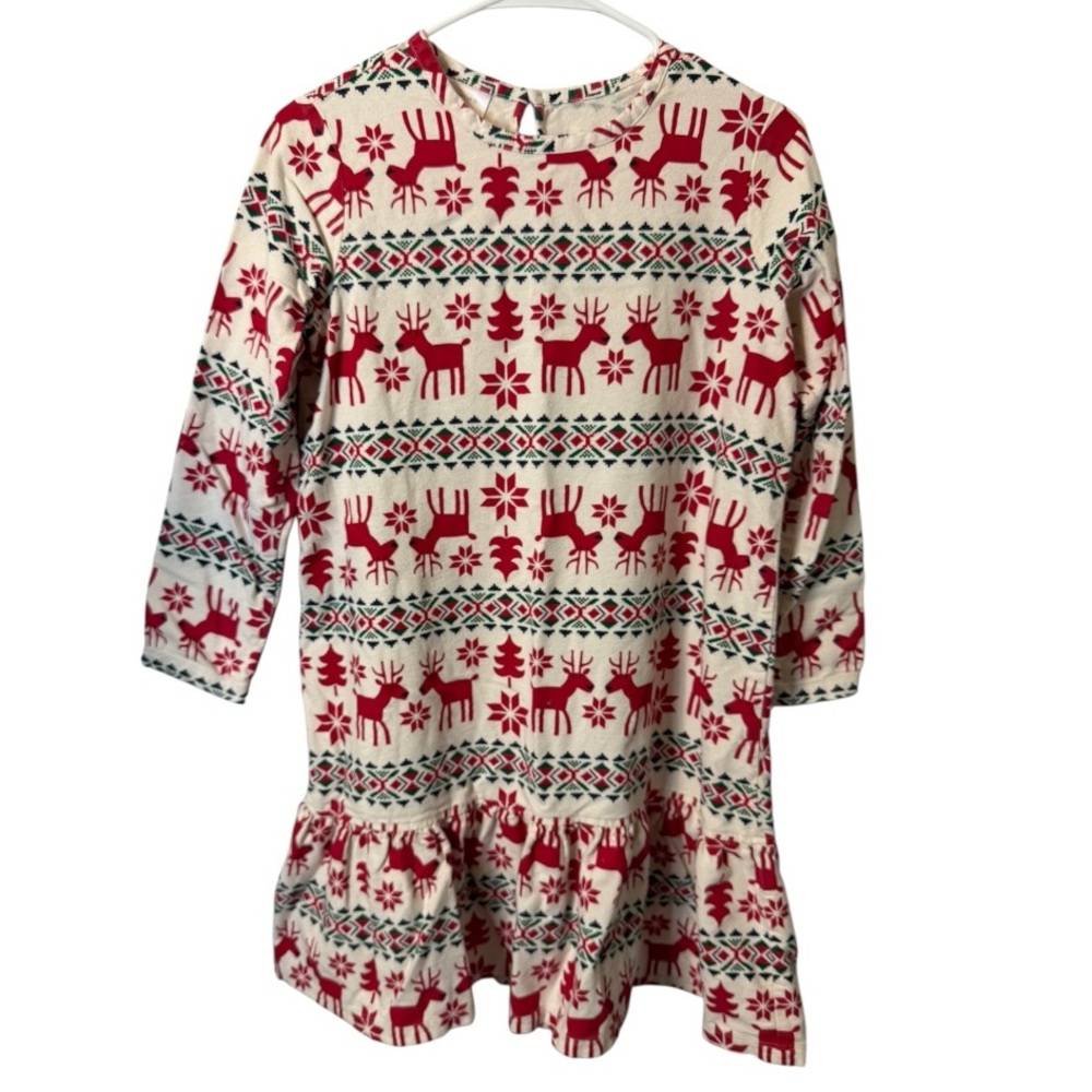 Hanna Andersson Girls Holiday Fair Isle Sweater Dress Red Green Reindeer Sz 12